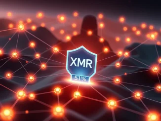 Visualizing Monero's blockchain under threat, highlighting the community's efforts to defend against a 51% attack and enhance its Proof-of-Work security.