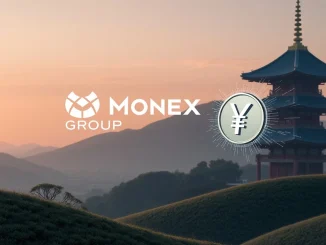Monex Group logo alongside a digital representation of a yen stablecoin, symbolizing the company's potential move into stablecoin issuance in Japan.