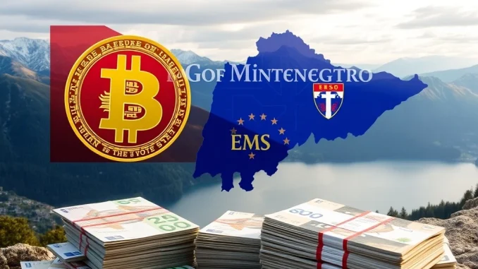 Montenegrin official discussing a Bitcoin reserve strategy with a Bitcoin symbol and government bonds, symbolizing national digital asset adoption.