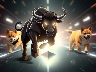 A powerful bull, representing MoonBull, stands on an Ethereum logo, ready to challenge other meme coins. This image illustrates the MoonBull strategy in the latest Ethereum News.
