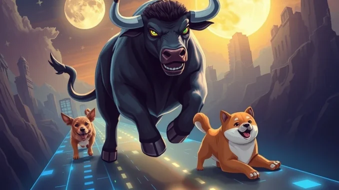 Explosive MoonBull Unveils Dominance Amidst Meme Coin Market Shift A vibrant image of a powerful MoonBull surging forward, symbolizing its rise in the meme coin market, while Lofi and Floki tokens show decline.