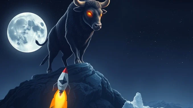 Ethereum News: Unveiling MoonBull's Explosive 1000x Potential as FLOKI's Era Fades MoonBull rocket soaring past a diminishing FLOKI coin, symbolizing 1000x returns in Ethereum News.