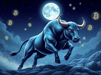 MoonBull meme coin charging towards the moon with crypto symbols in the background