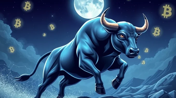 MoonBull meme coin charging towards the moon with crypto symbols in the background