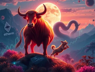 MoonBull whitelist excitement, showing a bull, dog, and market charts representing the surging demand for meme coins like Slerf and Doginme in the crypto market.