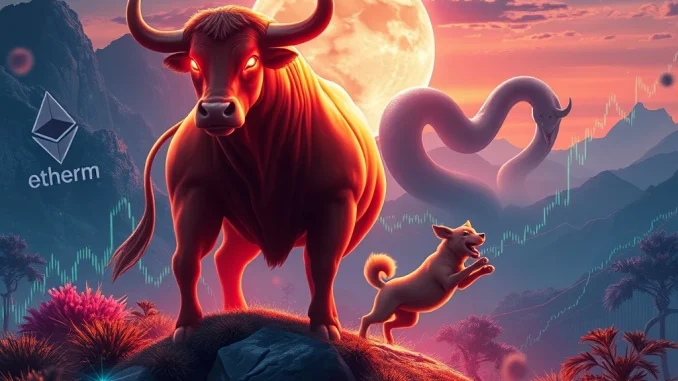 MoonBull whitelist excitement, showing a bull, dog, and market charts representing the surging demand for meme coins like Slerf and Doginme in the crypto market.