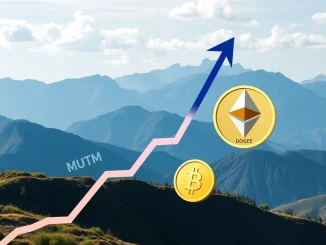 A dynamic chart illustrating Mutuum Finance (MUTM) token growth, with an upward arrow pointing past a Dogecoin (DOGE) logo, set against a backdrop of positive Ethereum news.