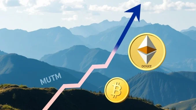 A dynamic chart illustrating Mutuum Finance (MUTM) token growth, with an upward arrow pointing past a Dogecoin (DOGE) logo, set against a backdrop of positive Ethereum news.