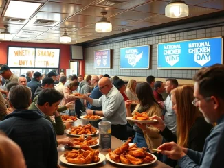 Customers enjoying chicken wing deals at a bustling U.S. restaurant on National Chicken Wing Day