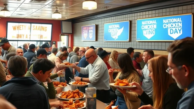 Customers enjoying chicken wing deals at a bustling U.S. restaurant on National Chicken Wing Day