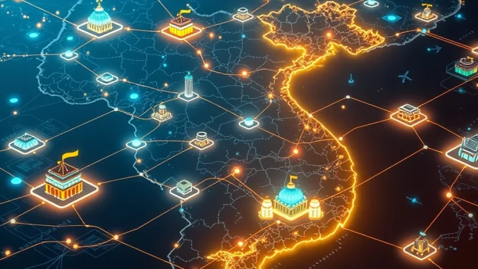 A secure, digital representation of NDAChain blockchain in Vietnam, symbolizing its role in modernizing governance and protecting national data.