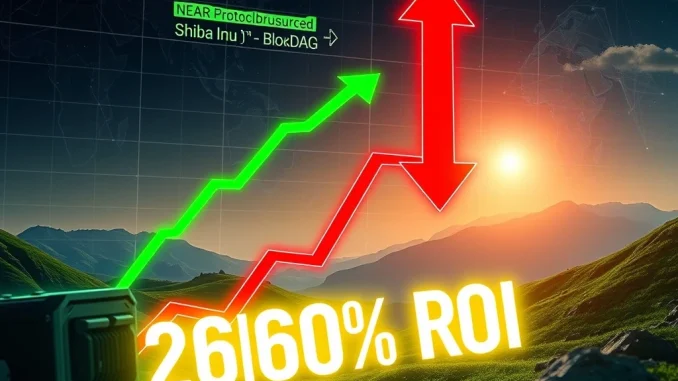 Visualizing NEAR Protocol's market surge alongside BlockDAG's innovative crypto mining ROI and Shiba Inu's price dip.