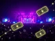 A vibrant festival crowd celebrating, with digital blockchain ticketing elements symbolizing secure NEON Countdown NFT tickets.