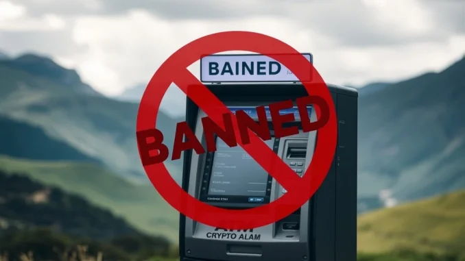 A New Zealand crypto ATM with a 'Banned' sign, symbolizing the nationwide New Zealand crypto ATM ban against illicit finance.