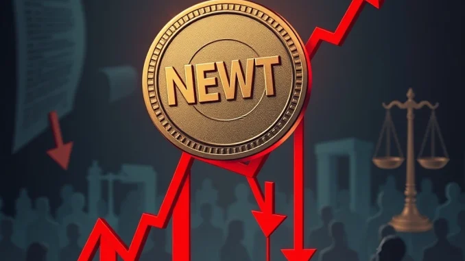 A graphic depicting the NEWT token price plummeting, symbolizing the dramatic market crash due to regulatory and governance issues.