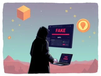 An illustration depicting the dangers of NFT OTC scams, showing a user protecting their digital wallet from a deceptive online interaction.