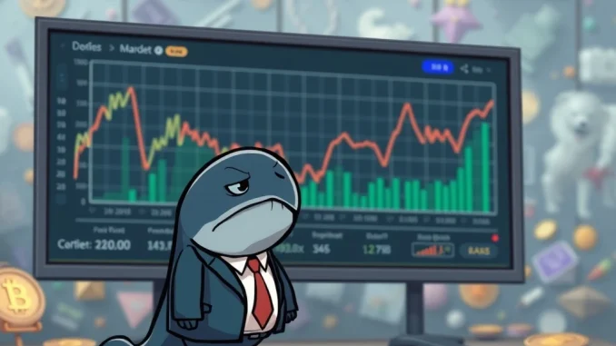 An NFT whale, looking distressed, symbolizes significant crypto losses on a PUMP long position, highlighting market volatility.