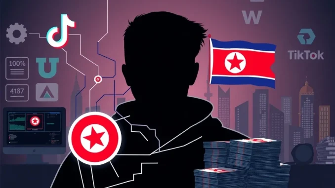 Digital illustration depicting a North Korea cyber scheme orchestrated by a TikTok influencer, highlighting the dangers of remote work fraud and cybercrime enforcement.
