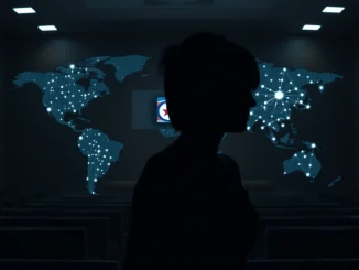 An illustration depicting the serious consequences of North Korean crypto fraud, showing a woman in a courtroom with digital currency symbols, emphasizing the legal implications of the identity theft scheme.