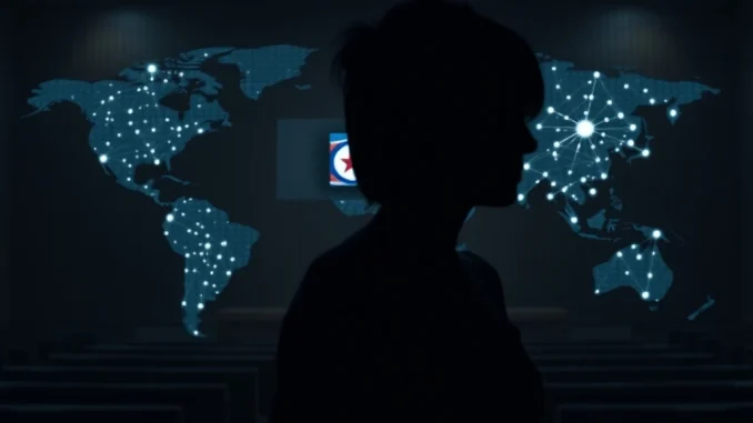 An illustration depicting the serious consequences of North Korean crypto fraud, showing a woman in a courtroom with digital currency symbols, emphasizing the legal implications of the identity theft scheme.