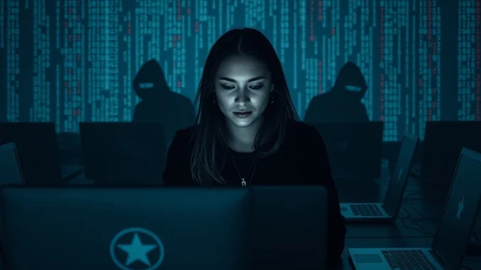 Illustrates the severe consequences of facilitating North Korean cybercrime, with a woman facing legal repercussions amidst digital threats and crypto symbols.
