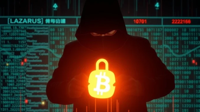 Depiction of North Korean hackers (Lazarus Group) orchestrating a crypto theft, highlighting the vulnerability of exchanges to cyberattacks.