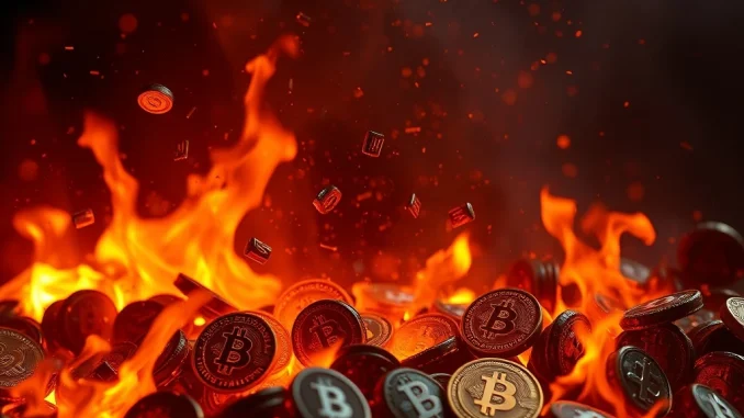 Depicts a significant OKB burn event, with digital tokens vanishing into a void, illustrating the impact on OKB tokenomics.