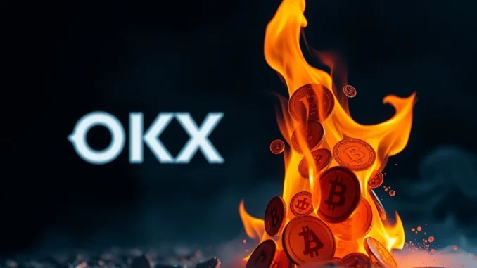 An illustration symbolizing the OKB token burn, depicting tokens reducing in number to convey its impact on cryptocurrency supply and value.