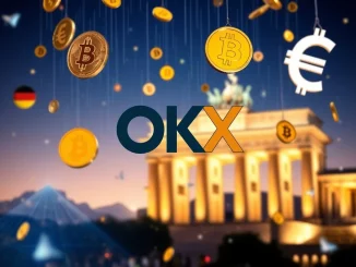 Graphic announcing the OKX Bitcoin bonus campaign, showing Bitcoin and Euro symbols with OKX branding, inviting users in Germany and Austria to earn rewards.