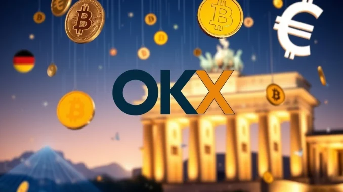 Graphic announcing the OKX Bitcoin bonus campaign, showing Bitcoin and Euro symbols with OKX branding, inviting users in Germany and Austria to earn rewards.