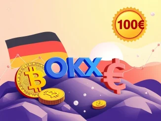 A vibrant illustration of the OKX Germany Austria Bitcoin Campaign, showcasing €100 in crypto rewards and Bitcoin symbols.