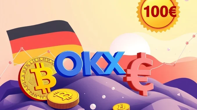 A vibrant illustration of the OKX Germany Austria Bitcoin Campaign, showcasing €100 in crypto rewards and Bitcoin symbols.