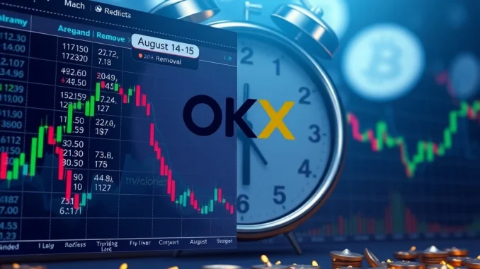OKX delisting 21 margin trading pairs, showing charts and the OKX logo, symbolizing the impact on crypto trading.