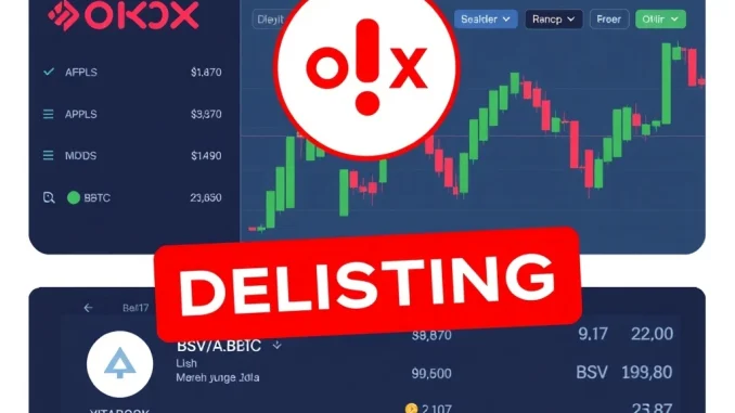 OKX crypto exchange delisting 12 spot trading pairs including X/USDT and BSV/BTC