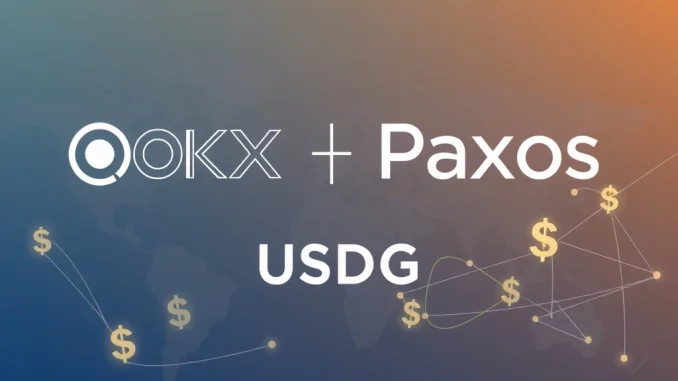OKX and Paxos logos connected by a digital network, symbolizing OKX's integration with the Paxos USDG stablecoin network, enhancing crypto exchange stability.