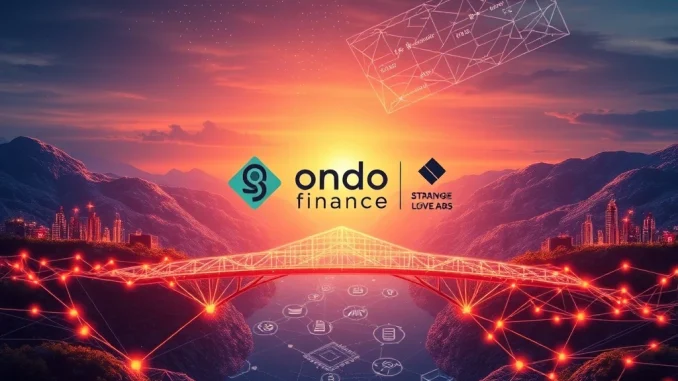 A visual representation of Ondo Finance integrating Strangelove Labs to power its RWA platform for real-world assets on blockchain.
