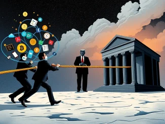 An illustration showing a digital tug-of-war between fintech and crypto groups and traditional banks over Open Banking rules, with a political figure overseeing the conflict.