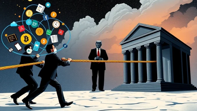 An illustration showing a digital tug-of-war between fintech and crypto groups and traditional banks over Open Banking rules, with a political figure overseeing the conflict.