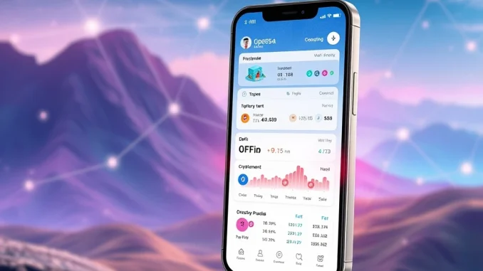 OpenSea app interface on a smartphone, showcasing integrated NFT art, token charts, and DeFi features for a unified crypto experience.