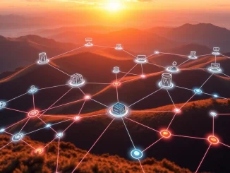 Digital representation of Oraichain, Pinlink, and RSS3 logos connecting with enterprise systems, symbolizing enterprise blockchain adoption and AI infrastructure integration.