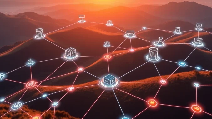Digital representation of Oraichain, Pinlink, and RSS3 logos connecting with enterprise systems, symbolizing enterprise blockchain adoption and AI infrastructure integration.