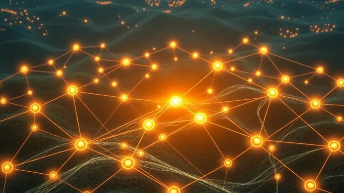Abstract network nodes showcasing Oraichain's role in building resilient, anti-fragile Web3 infrastructure alongside Pinlink and RSS3.