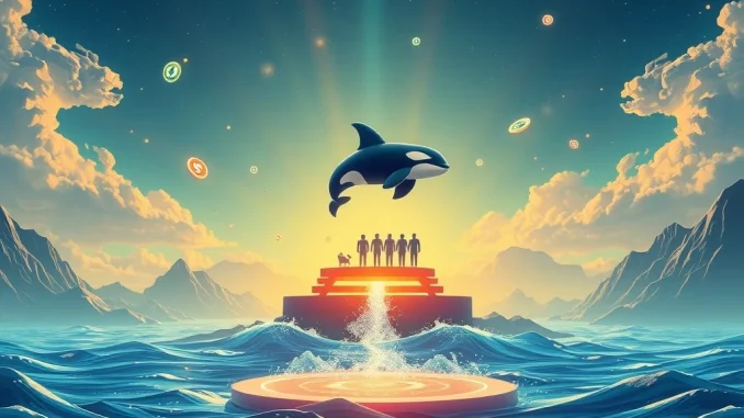 A futuristic Orca launchpad emerges from a digital ocean, symbolizing the new token launch platform on Solana designed to empower human users over bots.