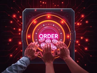 An abstract representation of Orderly Network's governance proposal, showing ORDER tokens being secured in a community vault for long-term sustainability.