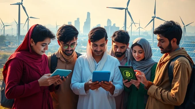 Pakistan Bitcoin: Unlocking a 20% Annual Surge in Adoption with Energy & Youth Young Pakistanis embracing Bitcoin adoption, symbolizing the nation's crypto potential driven by surplus energy and youth.