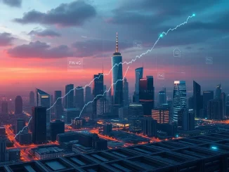 Digital representation of Palantir's market cap growth, showing a soaring stock chart and AI technology data streams, signifying its success in AI and defense contracts.