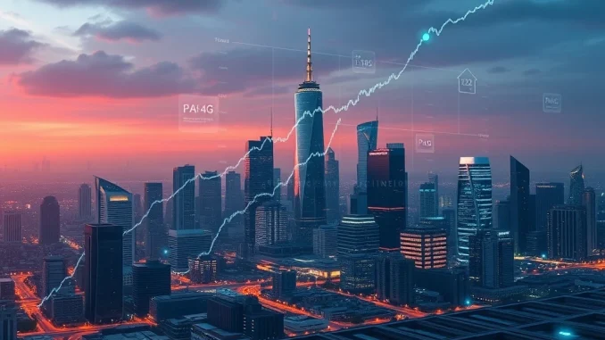Digital representation of Palantir's market cap growth, showing a soaring stock chart and AI technology data streams, signifying its success in AI and defense contracts.