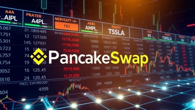 PancakeSwap perpetuals interface showing Apple, Amazon, and Tesla stock symbols, representing new crypto stock trading options on the DEX.