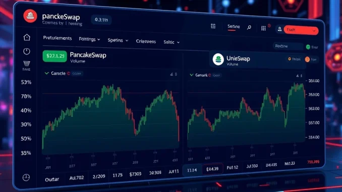 PancakeSwap Dominates with 50.8% Surge in Trading Volume, Crushing Uniswap PancakeSwap trading volume surge compared to Uniswap on a digital chart.