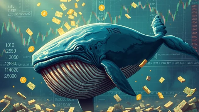 A distressed whale figure amidst cryptocurrency charts, symbolizing the PENGU short liquidation and multi-million dollar loss.